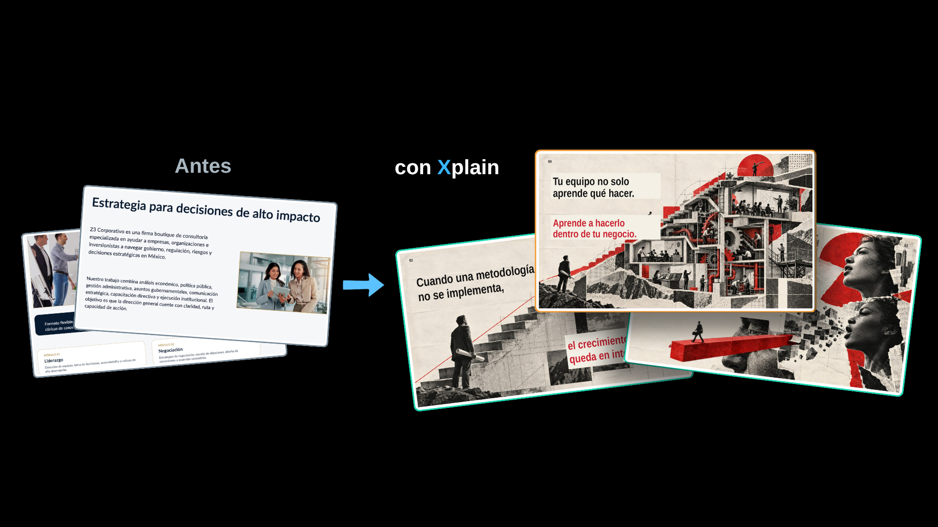 Presentación antes y después para consultoría empresarial transformada con storytelling Xplain