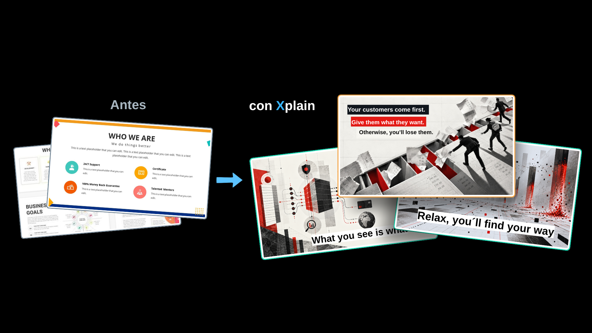 Antes y después de presentación comercial para servicios B2B transformada con storytelling por Xplain