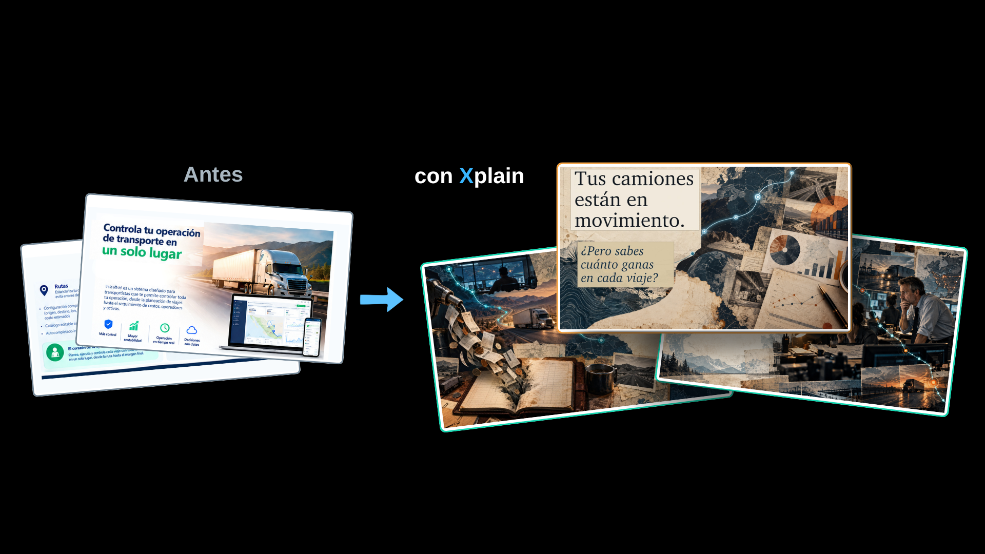 Presentación antes y después para software de transporte y logística creada con metodología Xplain