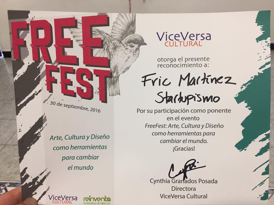 FreeFest 2016: evidencia de reconocimiento de Carlos Matiella / Fric Martínez en FreeFest / ViceVersa Cultural, 2016.