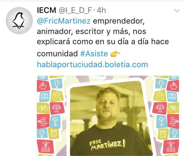 Charla sobre comunidad: evidencia de invitación pública de Carlos Matiella / Fric Martínez en IECM, 2017.