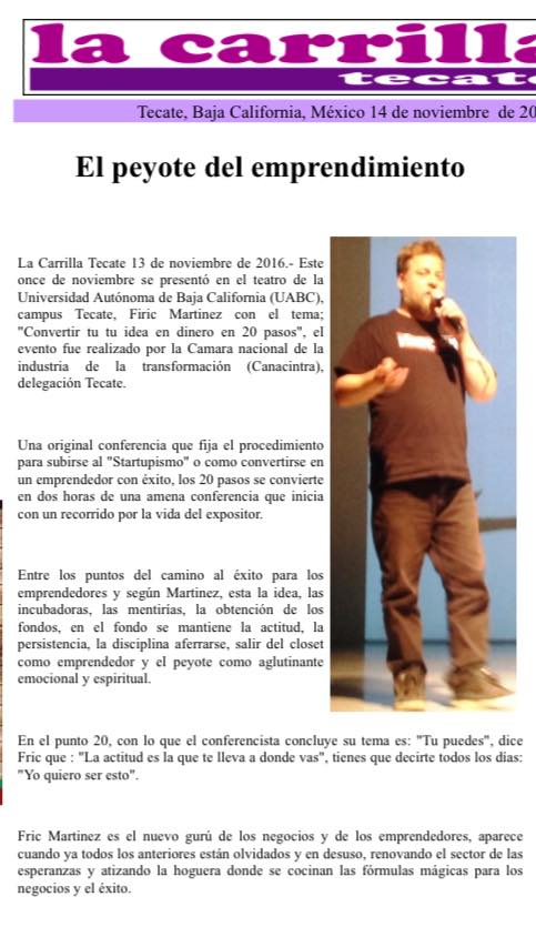 El peyote del emprendimiento: evidencia de prensa local de Carlos Matiella / Fric Martínez en La Carrilla Tecate, 2016.