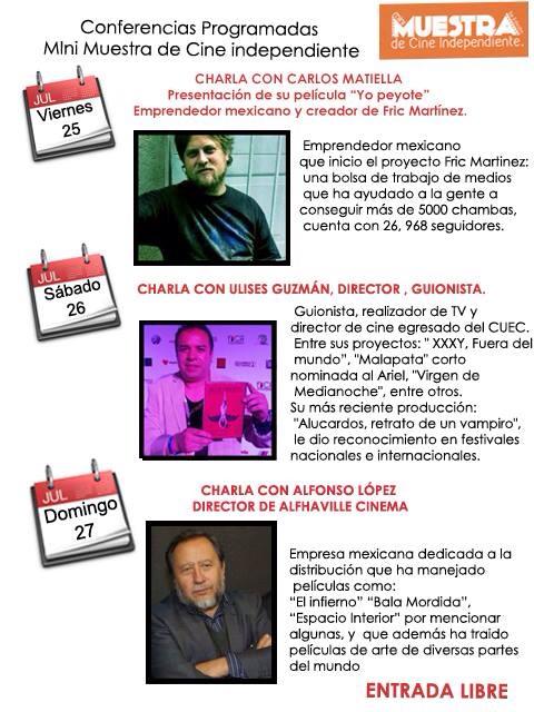 Charla sobre Yo Peyote: evidencia de charla de Carlos Matiella / Fric Martínez en Mini Muestra de Cine Independiente, Sin fecha visible.