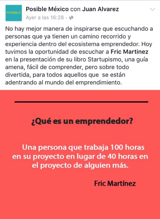 Presentación de Startupismo: evidencia de publicación social de Carlos Matiella / Fric Martínez en Posible México, 2015.