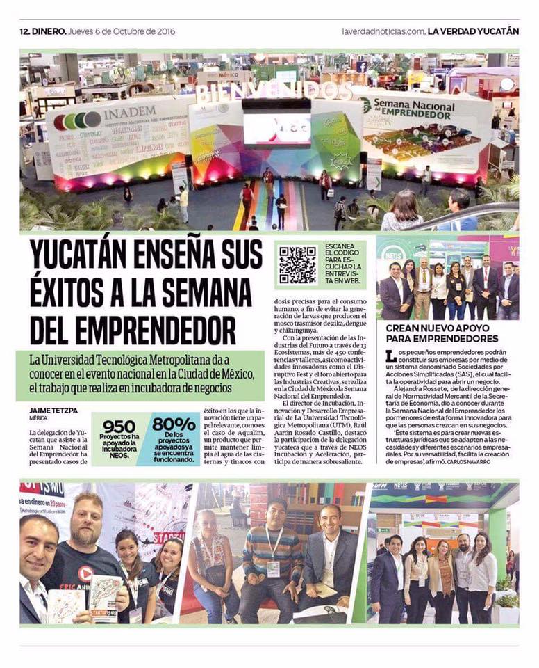 Semana Nacional del Emprendedor en Yucatán: evidencia de prensa impresa de Carlos Matiella / Fric Martínez en La Verdad Yucatán, 2016.
