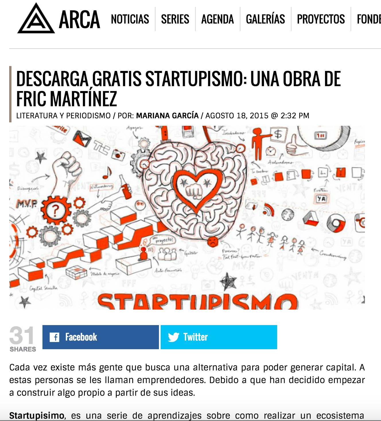 Descarga gratis Startupismo: evidencia de prensa digital de Carlos Matiella / Fric Martínez en ARCA, 2015.