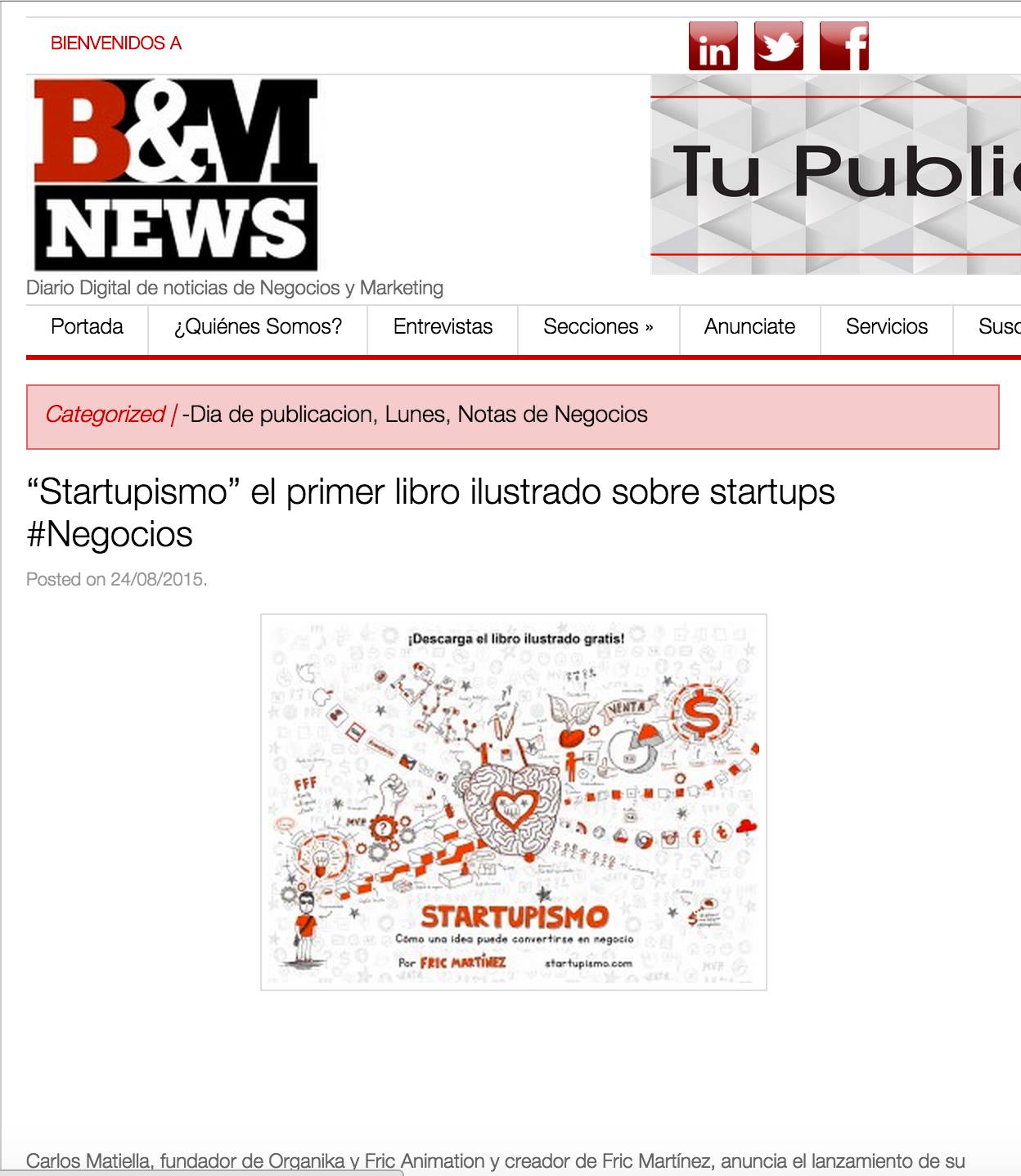 Startupismo en B&M News: evidencia de prensa digital de Carlos Matiella / Fric Martínez en B&M News, 2015.