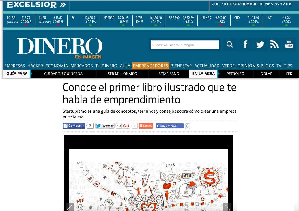 Primer libro ilustrado de emprendimiento: evidencia de prensa nacional de Carlos Matiella / Fric Martínez en Excélsior / Dinero en Imagen, 2015.