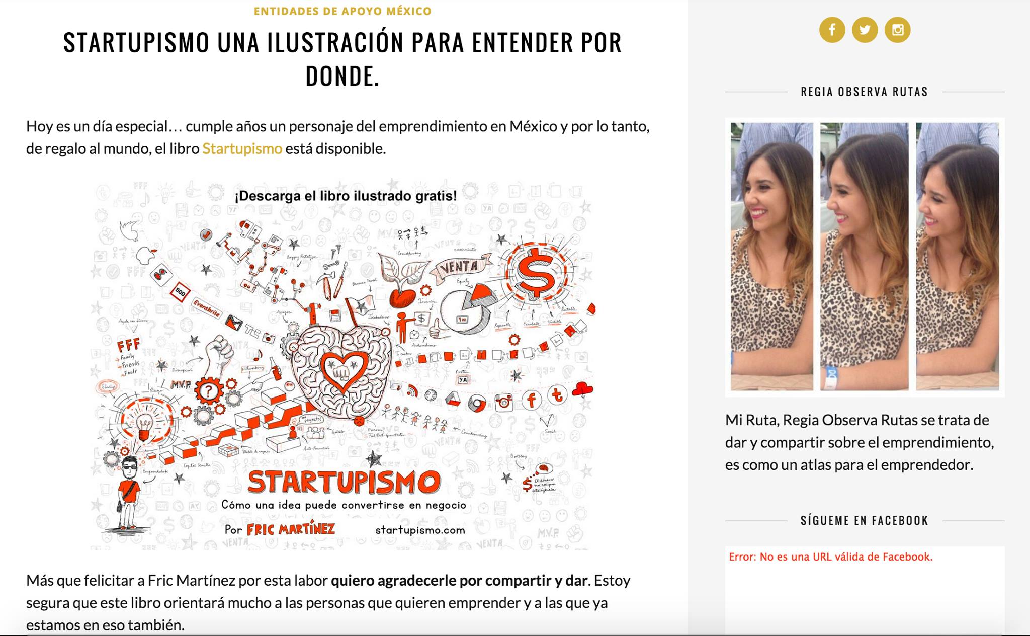 Regia Observa Rutas recomienda Startupismo: evidencia de blog de Carlos Matiella / Fric Martínez en Regia Observa Rutas, 2015.