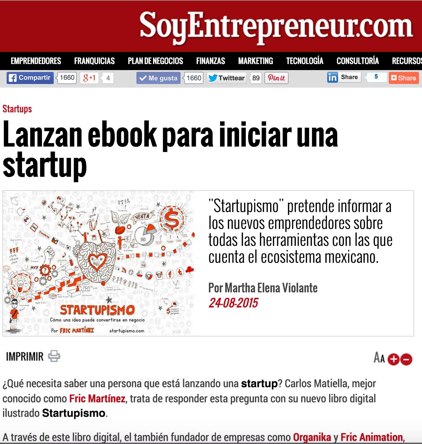 Lanzan ebook para iniciar una startup: evidencia de prensa digital de Carlos Matiella / Fric Martínez en SoyEntrepreneur.com, 2015.