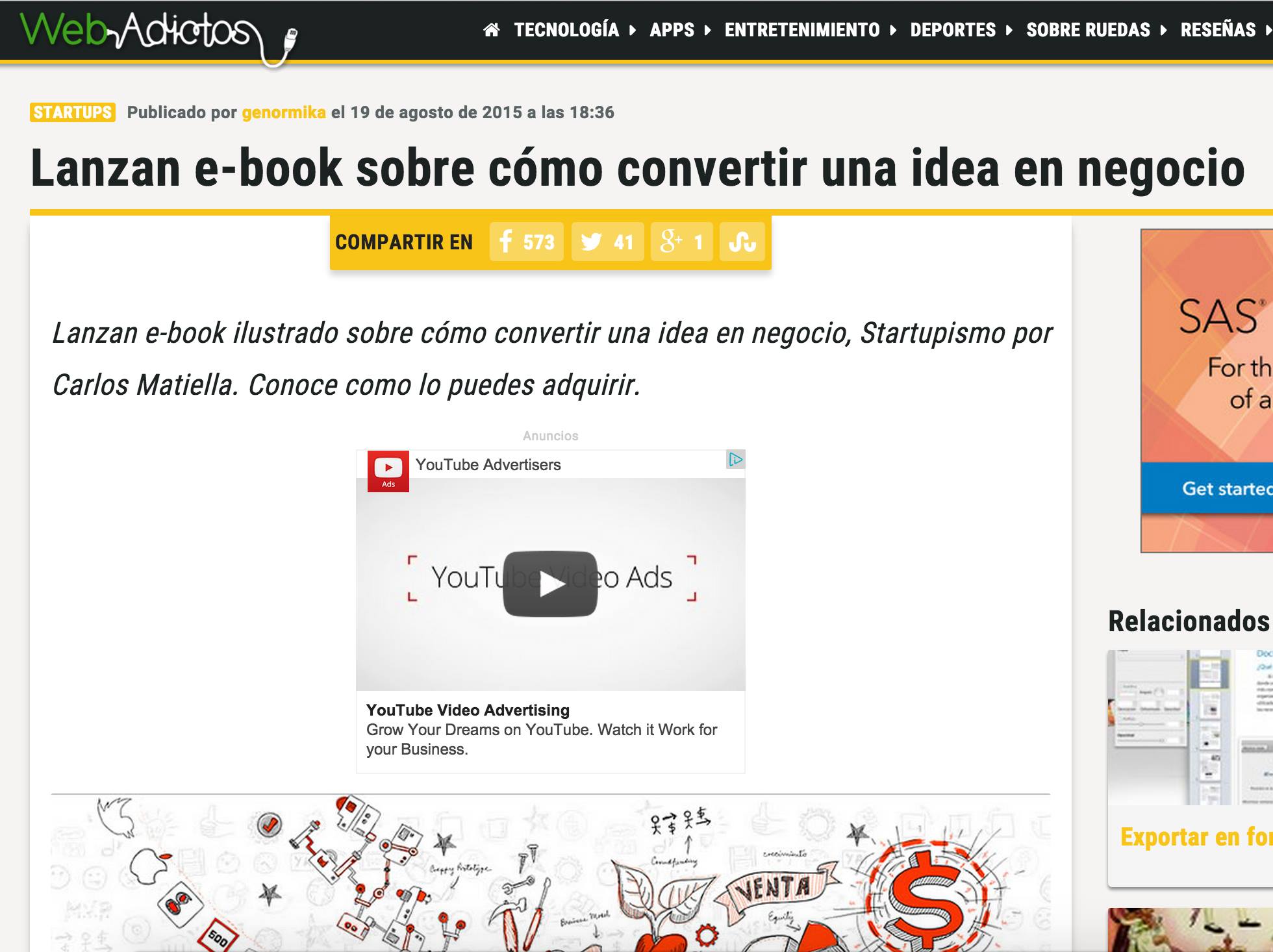 Lanzan e-book sobre cómo convertir una idea en negocio: evidencia de prensa digital de Carlos Matiella / Fric Martínez en WebAdictos, 2015.